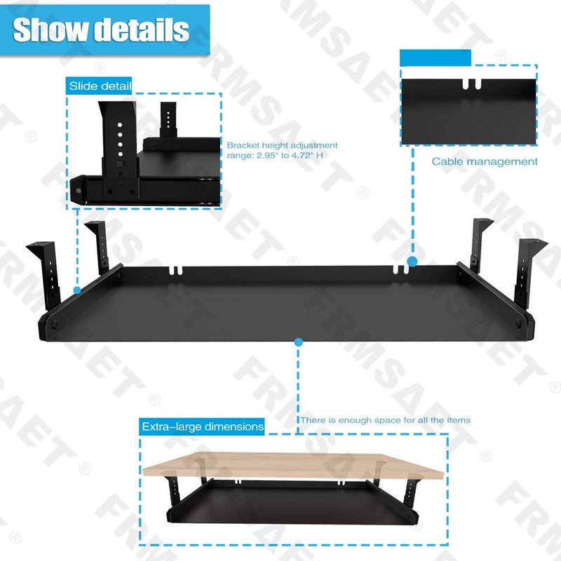 FRMSAET Under Desk Keyboard Tray Heavy-Duty All-Metal Material 20/24/30 inches Platform Computer Drawer Organizer Home Office Kitchen Bedroom Garage Storage Tool - Easy to Install.(24 inches, Black) - Image 2